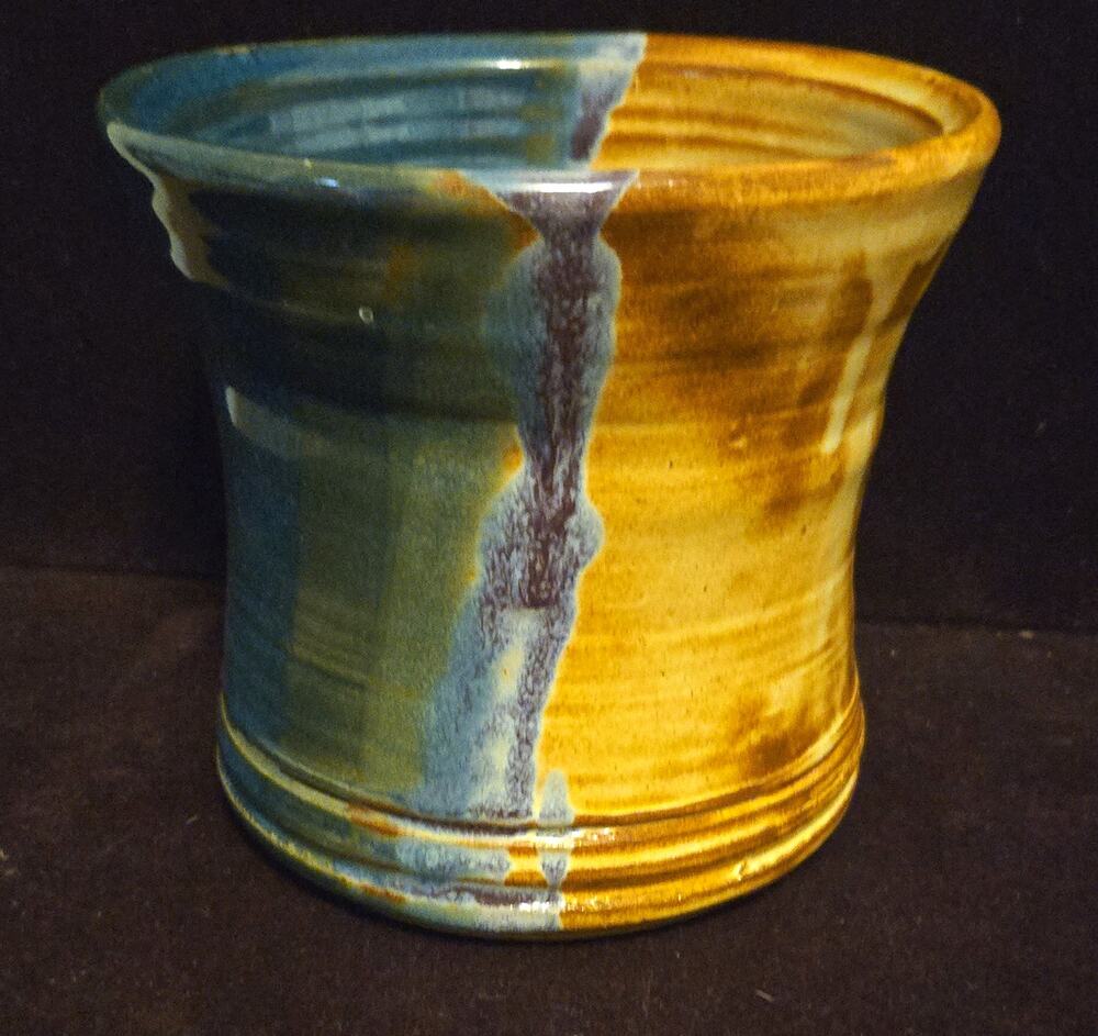 Art Pottery Ceramic Round Planter Cachepot Blue Brown Drip Glaze Glossy